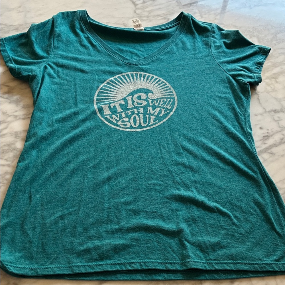 Women’s Teal Graphic V-Neck Tee - 'Tis Well With My Soul